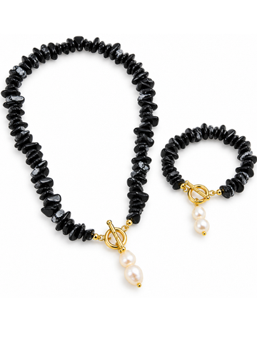 Conjunto Obsidiana Negra com Pérola Natural Banhado em Ouro 18K