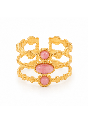 Anel Trilogia Quartzo Rosa Banhado a Ouro 18K