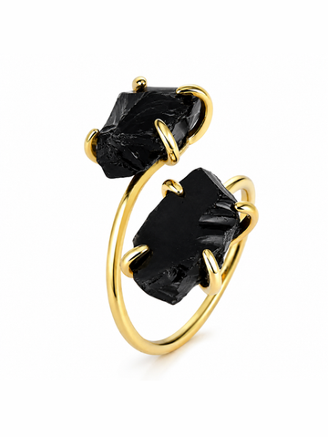 Anel Origem Obsidiana Negra Banhado em Ouro 18k