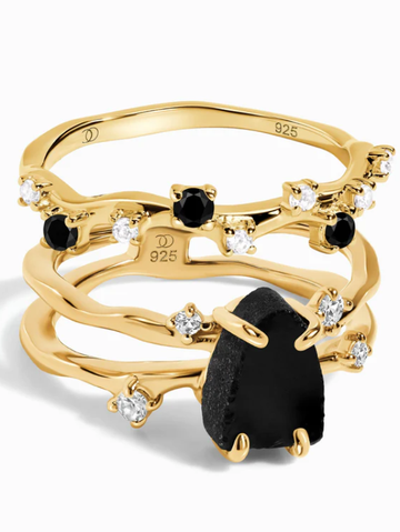 Anel Trio Eclipse Obsidiana Negra - Banhada em Ouro 18k