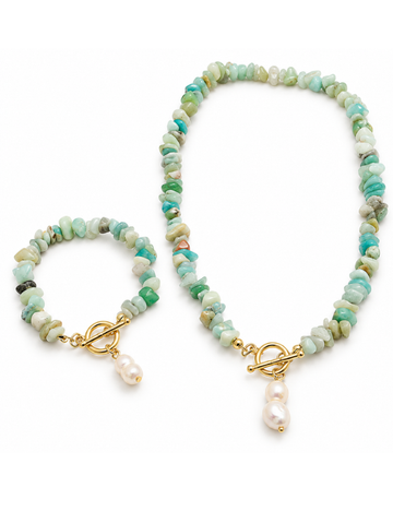 Conjunto Amazonita com Pérola Natural Banhado em Ouro 18K