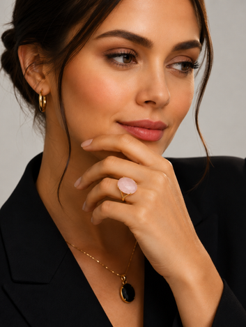 Anel Magna Quartzo Rosa Banhado em Ouro 18K