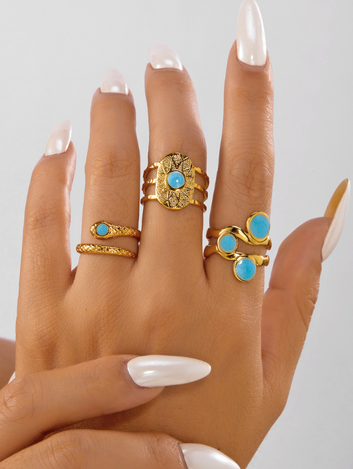 Kit Anéis Nilo Turquesa Banhado em Ouro 18K