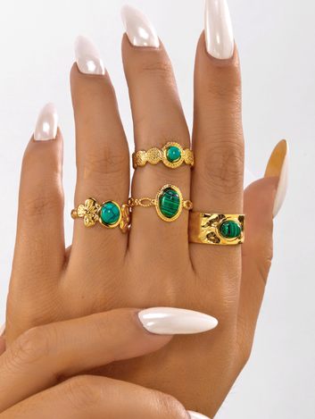 Kit Anéis Oásis Pedra de Jade Banhado em Ouro 18K