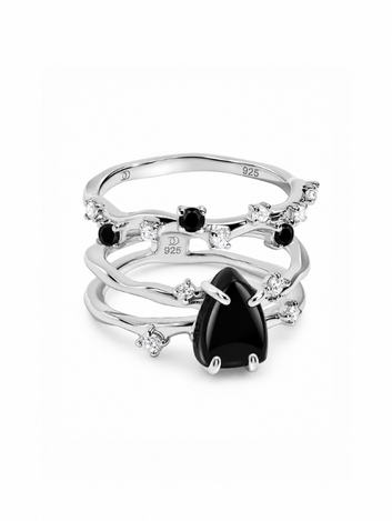 Anel Trio Eclipse Obsidiana Negra - Banhada em Ouro 18k