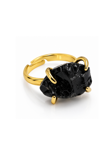 Anel Obsidiana Bruta Banhado em Ouro 18K