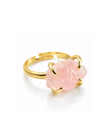 Anel Quartzo Rosa Bruta Banhado em Ouro 18K