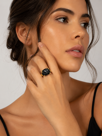 Anel Obsidiana Bruta Banhado em Ouro 18K