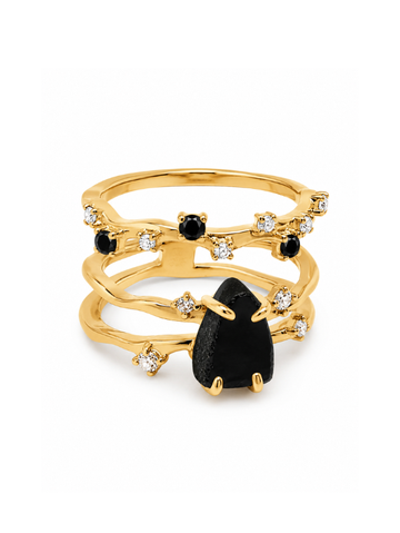 Anel Trio Eclipse Obsidiana Negra - Banhada em Ouro 18k
